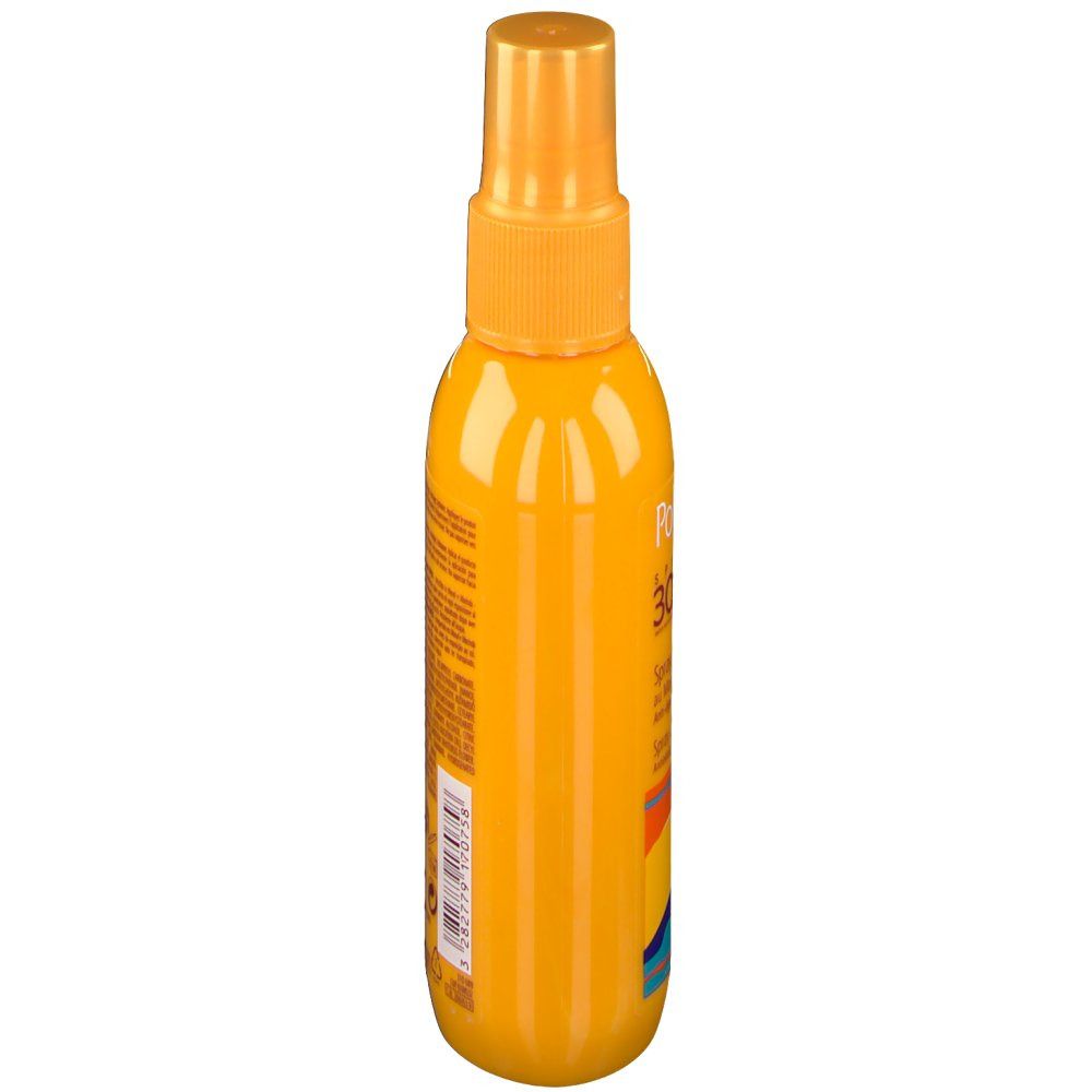 Gelbe Sprühflasche, Seitenansicht. Text und farbige Wellenmuster. Aufschrift nicht lesbar.