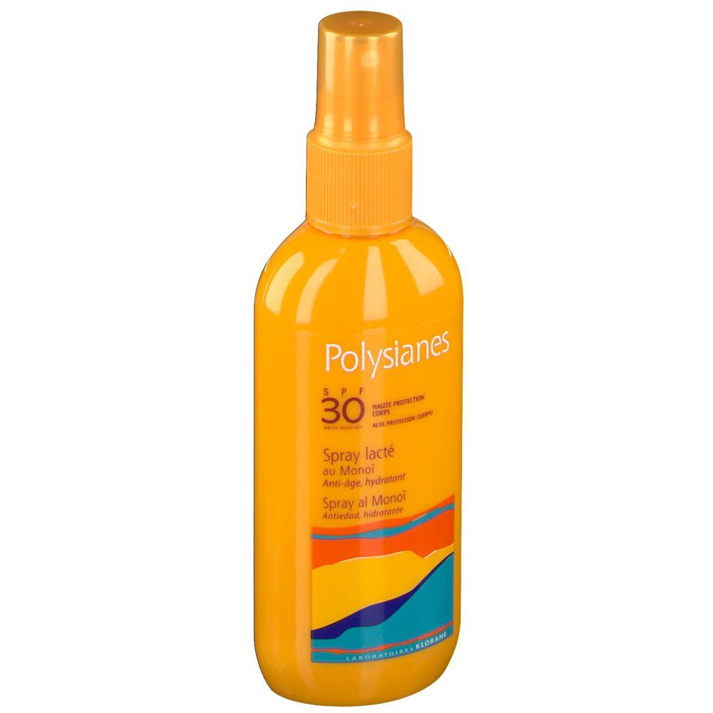 Gelbe Sprühflasche mit SPF 30. Aufschrift: Polysianes, Spray lacté au Monoï. Farbige Wellenmuster.