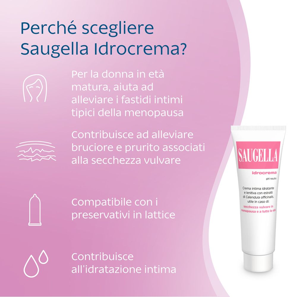 Rosa Hintergrund mit Text und Tube Saugella Idrocrema. Produktinformationen.