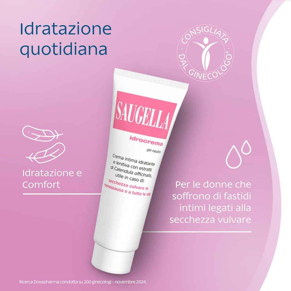 Rosa Hintergrund mit Text und Tube Saugella Idrocrema. Produktinformationen.