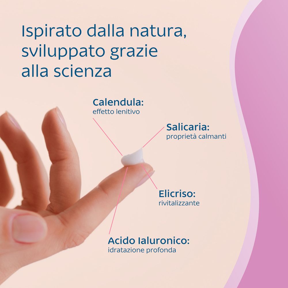 Nahaufnahme einer Hand mit Creme. Produktnamen und Inhaltsstoffe.