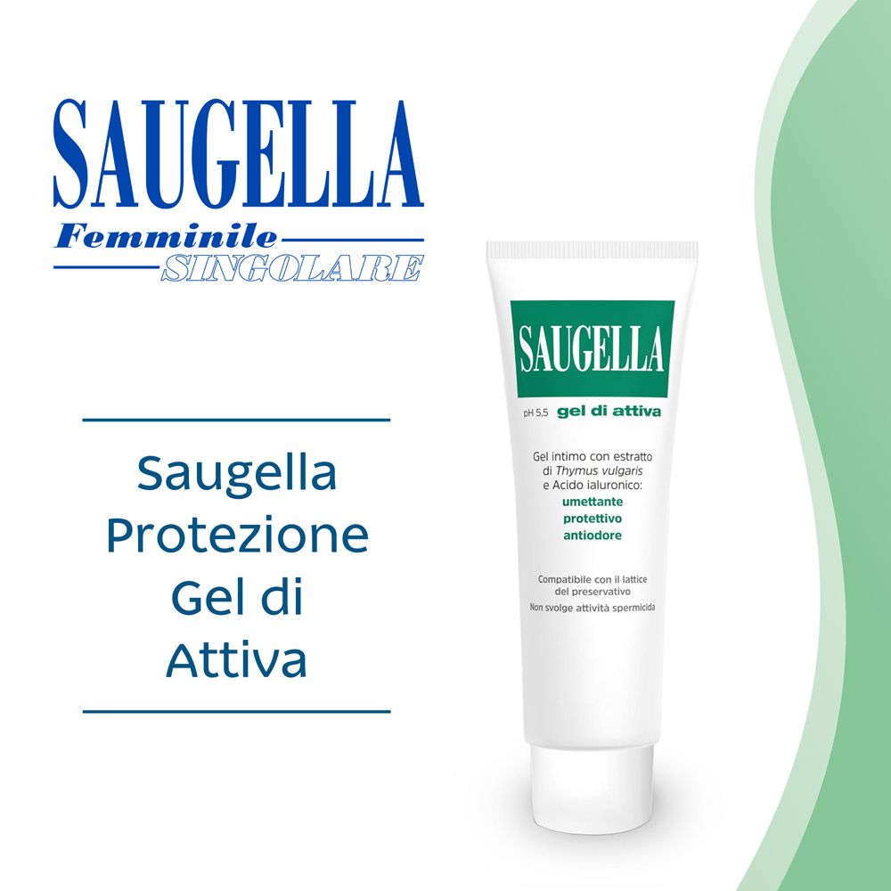 Tube blanc avec logo vert Saugella. Texte : pH 5,5 Gel di attiva. Gel pour zone intime. Fond vert.