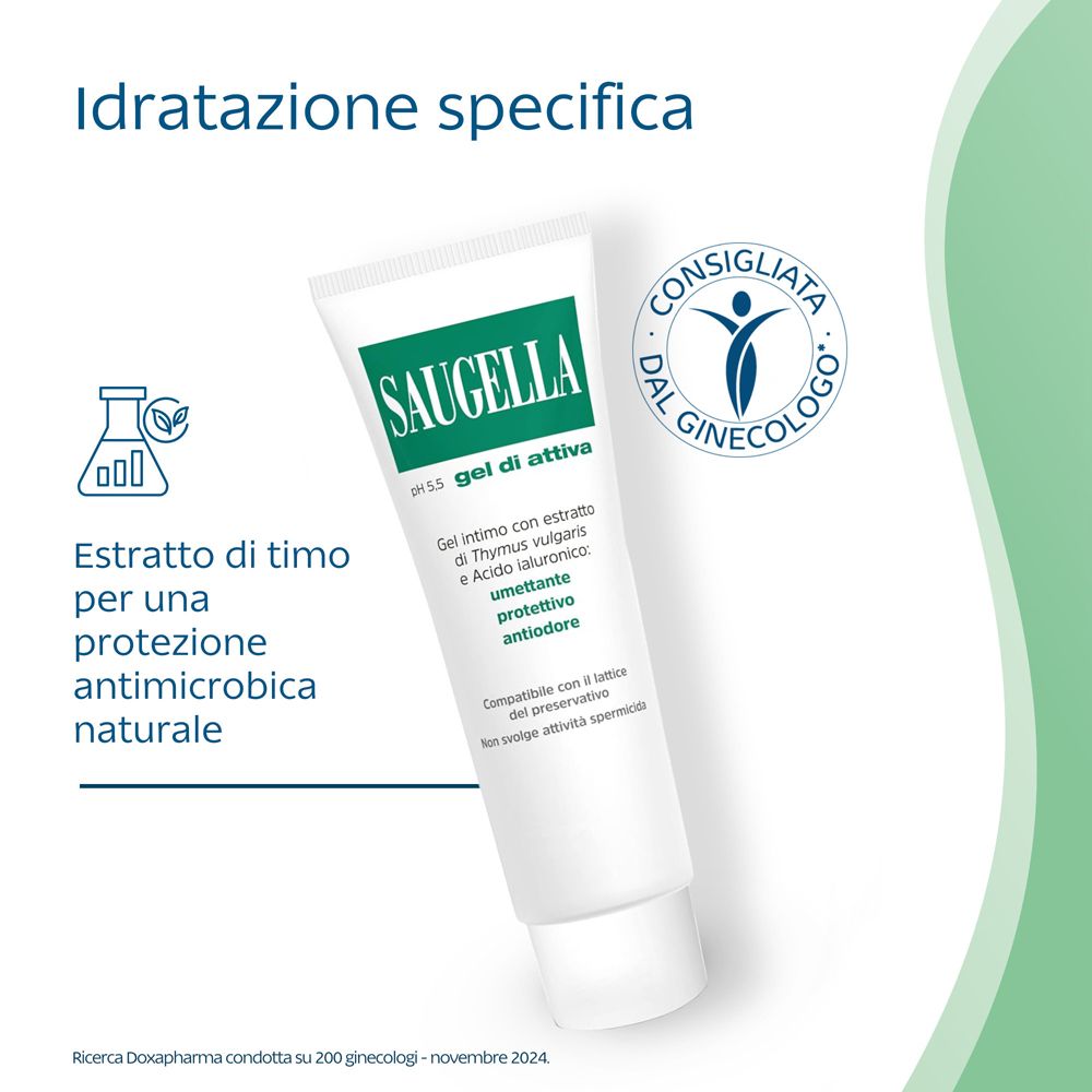Tube blanc avec logo vert Saugella. Texte : pH 5,5 Gel di attiva. Logo : Consigliata dal ginecologo.