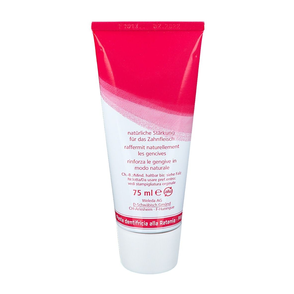 Rückseite der Zahnpasta-Tube. Text: natürliche Stärkung für das Zahnfleisch, 75 ml, Weleda AG.