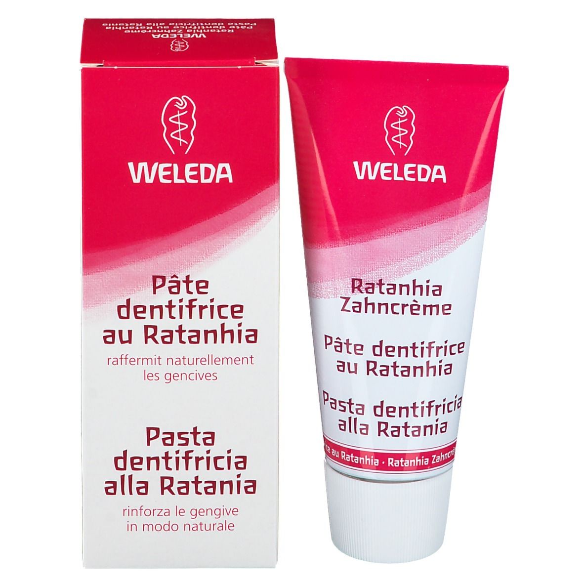 Zahnpasta-Tube und Karton. Beschriftung: WELEDA, Pâte dentifrice au Ratanhia, Pasta dentifricia alla Ratania. Karton: pink, weiß.