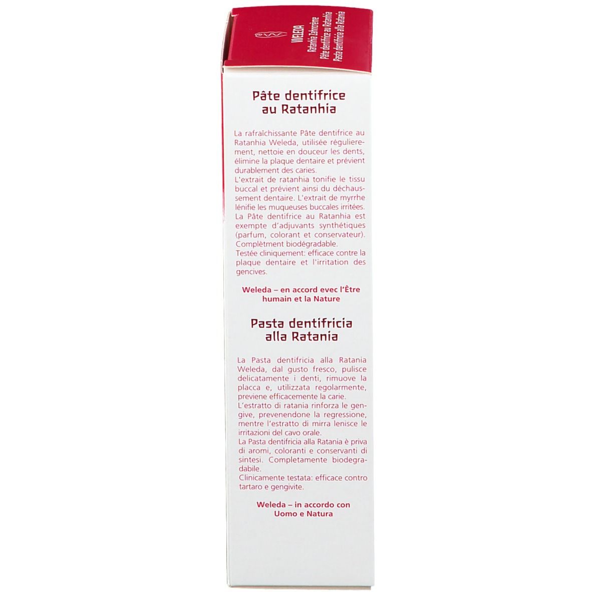 Karton, pink-weiß. Text: Pâte dentifrice au Ratanhia, Pasta dentifricia alla Ratania. Inhaltsstoffe, Weleda.