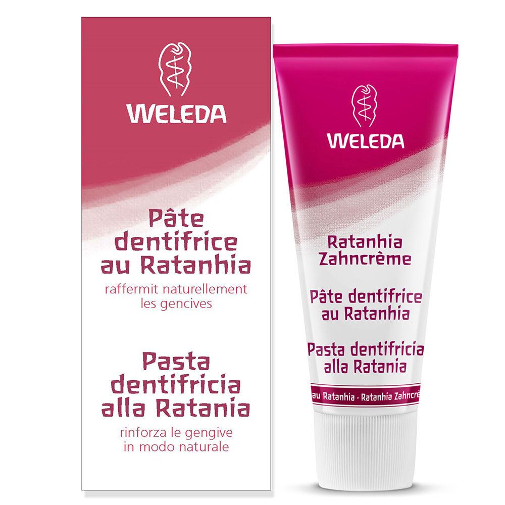 Zahnpasta-Tube und Karton. Beschriftung: WELEDA, Pâte dentifrice au Ratanhia, Pasta dentifricia alla Ratania. Karton: pink, weiß.