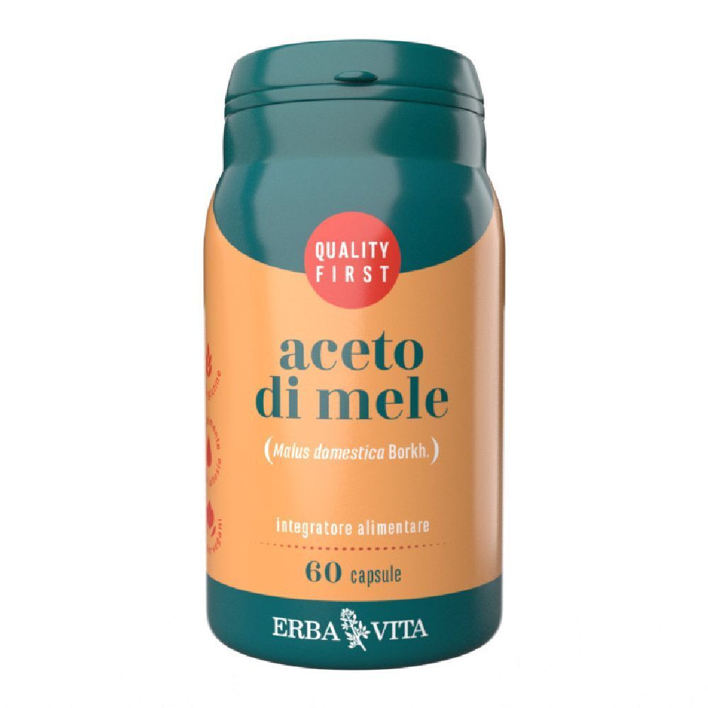Flacon vert et orange avec "Aceto di Mele" et "60 capsule". Marque : Erba Vita. Label de qualité.