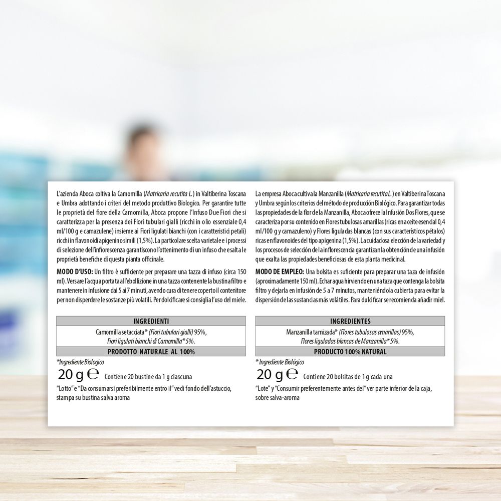 Verpackung mit Text. Zutatenliste und Anwendungshinweise. Text in italienischer und spanischer Sprache. 20g Packung.