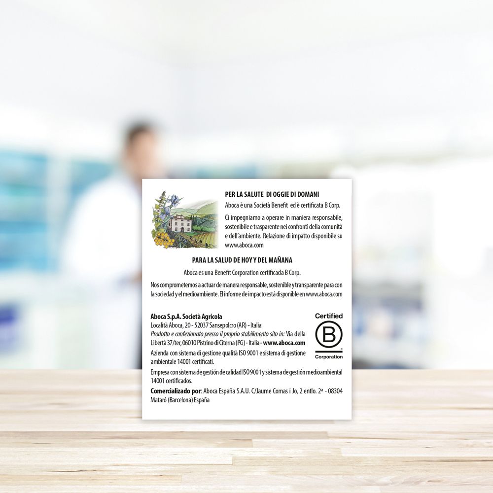 Verpackung mit Text. Text über das Unternehmen und Zertifizierungen. Logo "B Corp".