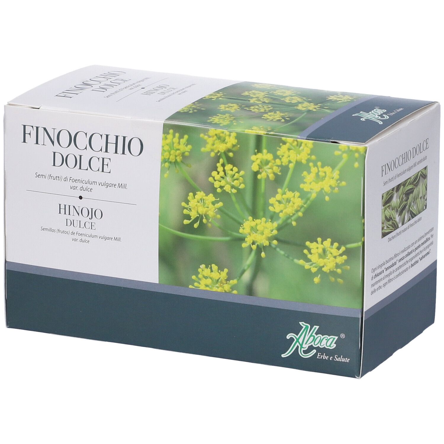 Schachtel mit Produktnamen Finocchio Dolce und Aboca-Logo. Abbildung von Fenchelblüten. Text in Italienisch und Spanisch.