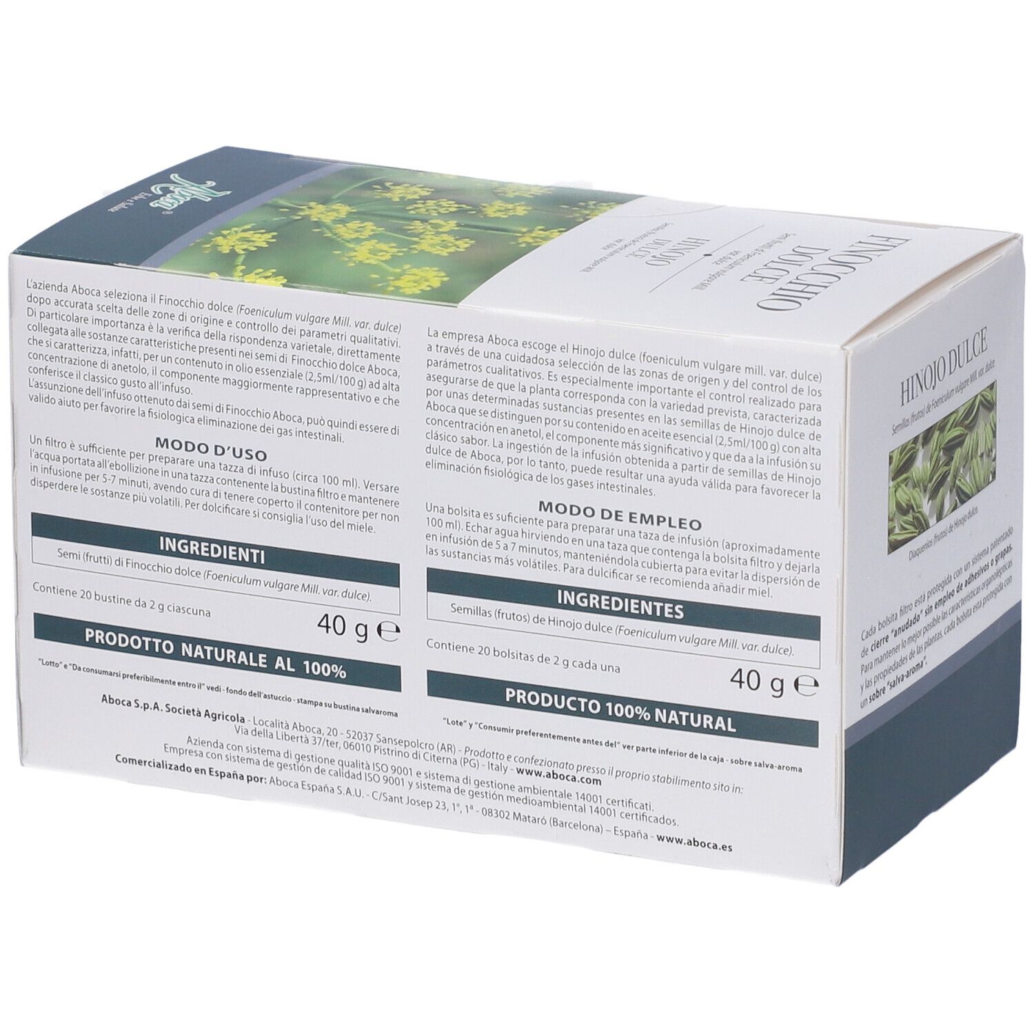 Schachtel Finocchio Dolce, Aboca-Logo. Text mit Inhaltsstoffen und Anwendungshinweisen. 20 Beutel, 40g.