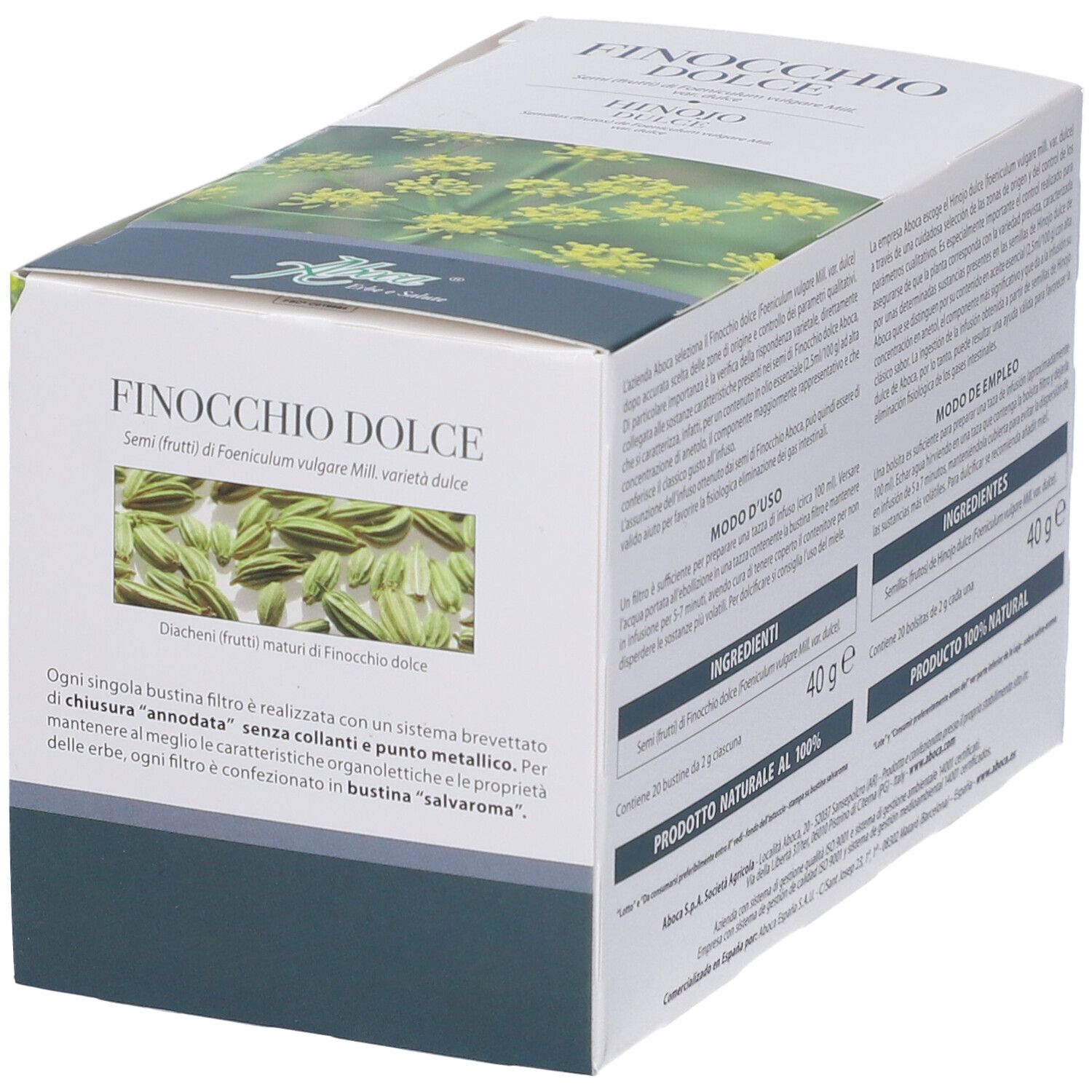 Schachtel Finocchio Dolce, Aboca-Logo. Text mit Inhaltsstoffen und Anwendungshinweisen. 20 Beutel, 40g.