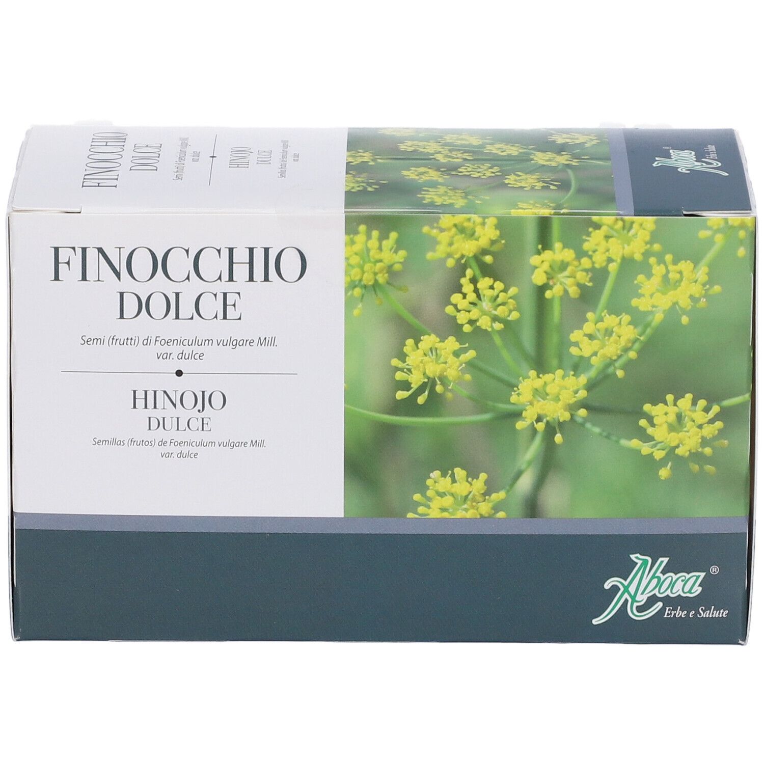 Schachtel Finocchio Dolce, Aboca-Logo. Abbildung von Fenchelblüten. Text in Italienisch und Spanisch.