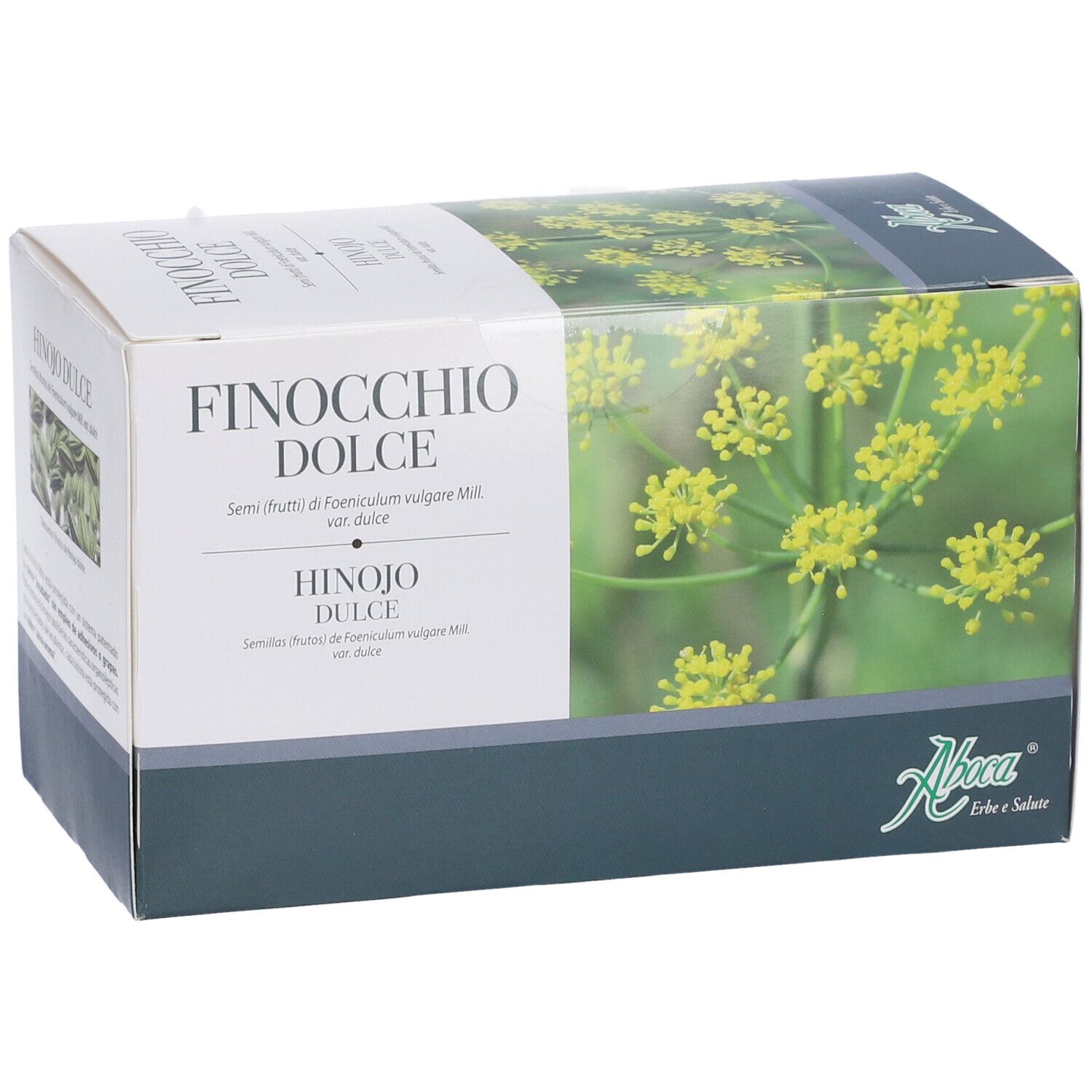 Schachtel Finocchio Dolce, Aboca-Logo. Abbildung von Fenchelblüten. Text in Italienisch und Spanisch.