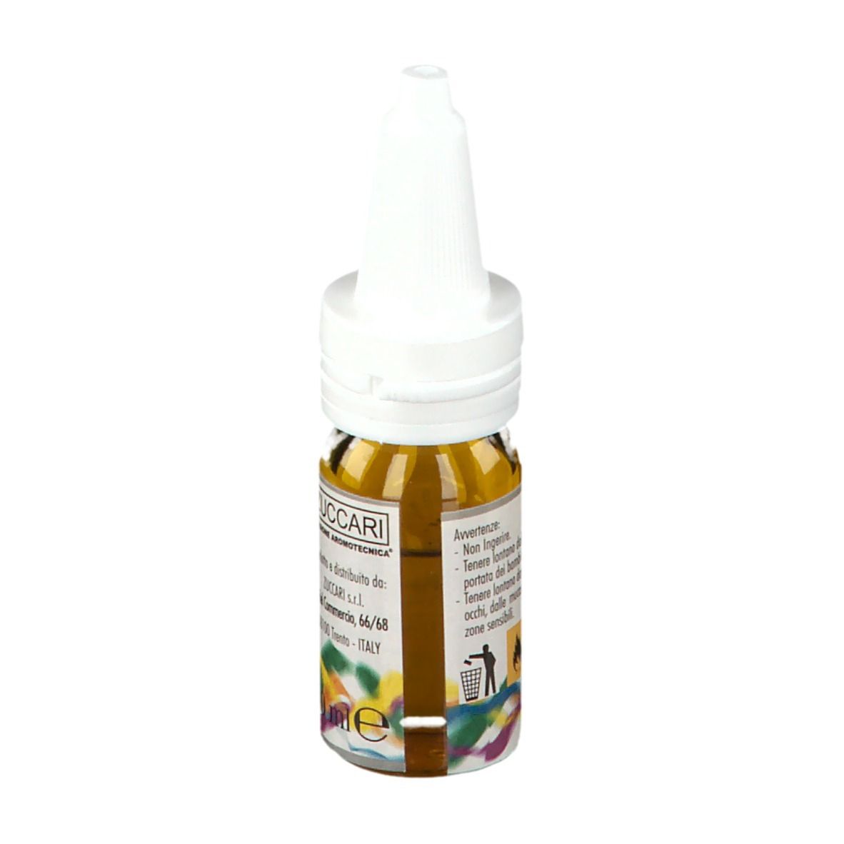 Kleines Fläschchen mit gelbem Öl und weißem Verschluss. Aufschrift: ZUCCARI, Limone, 10 ml.