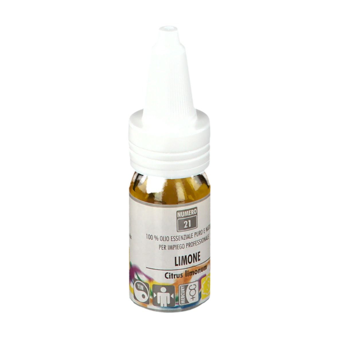 Kleines Fläschchen mit gelbem Öl und weißem Verschluss. Aufschrift: ZUCCARI, Limone, 10 ml.