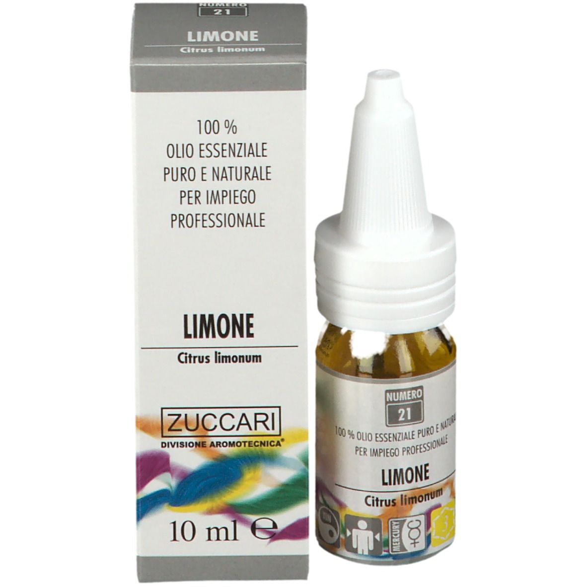 Fläschchen mit gelbem Öl, weißem Verschluss und Karton. Aufschrift: Limone, ZUCCARI, 10 ml.