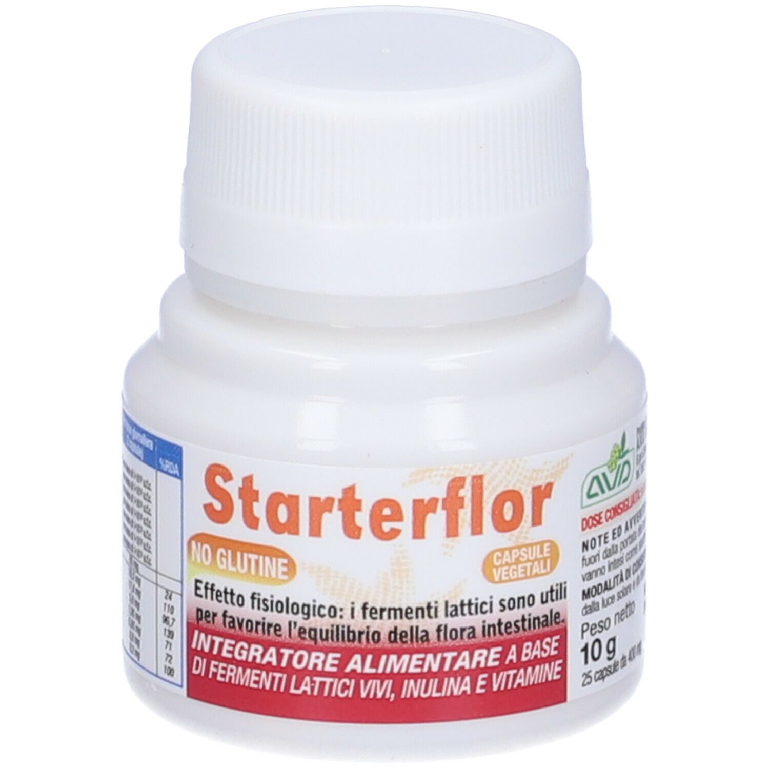 Weiße Flasche mit Schraubverschluss. Aufschrift Starterflor, Kapseln, glutenfrei. Enthält lebende Milchsäurebakterien, Inulin und Vitamine.
