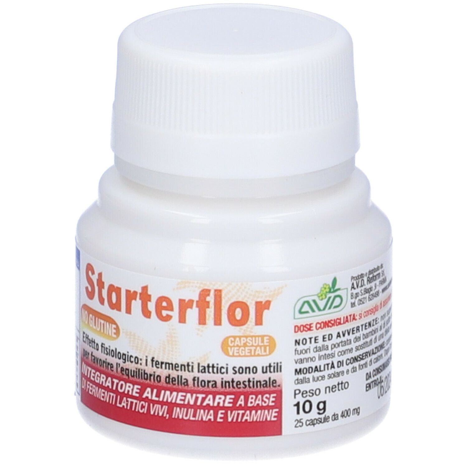 Weiße Flasche mit Schraubverschluss. Aufschrift Starterflor, Kapseln, glutenfrei. Enthält lebende Milchsäurebakterien, Inulin und Vitamine.