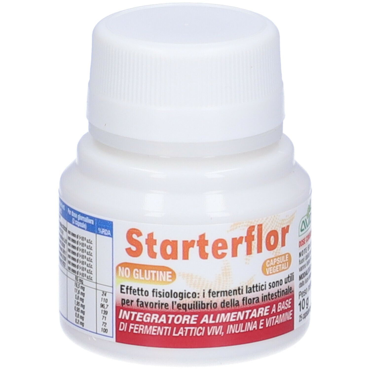 Weiße Flasche mit Schraubverschluss. Aufschrift Starterflor, Kapseln, glutenfrei. Enthält lebende Milchsäurebakterien, Inulin und Vitamine.