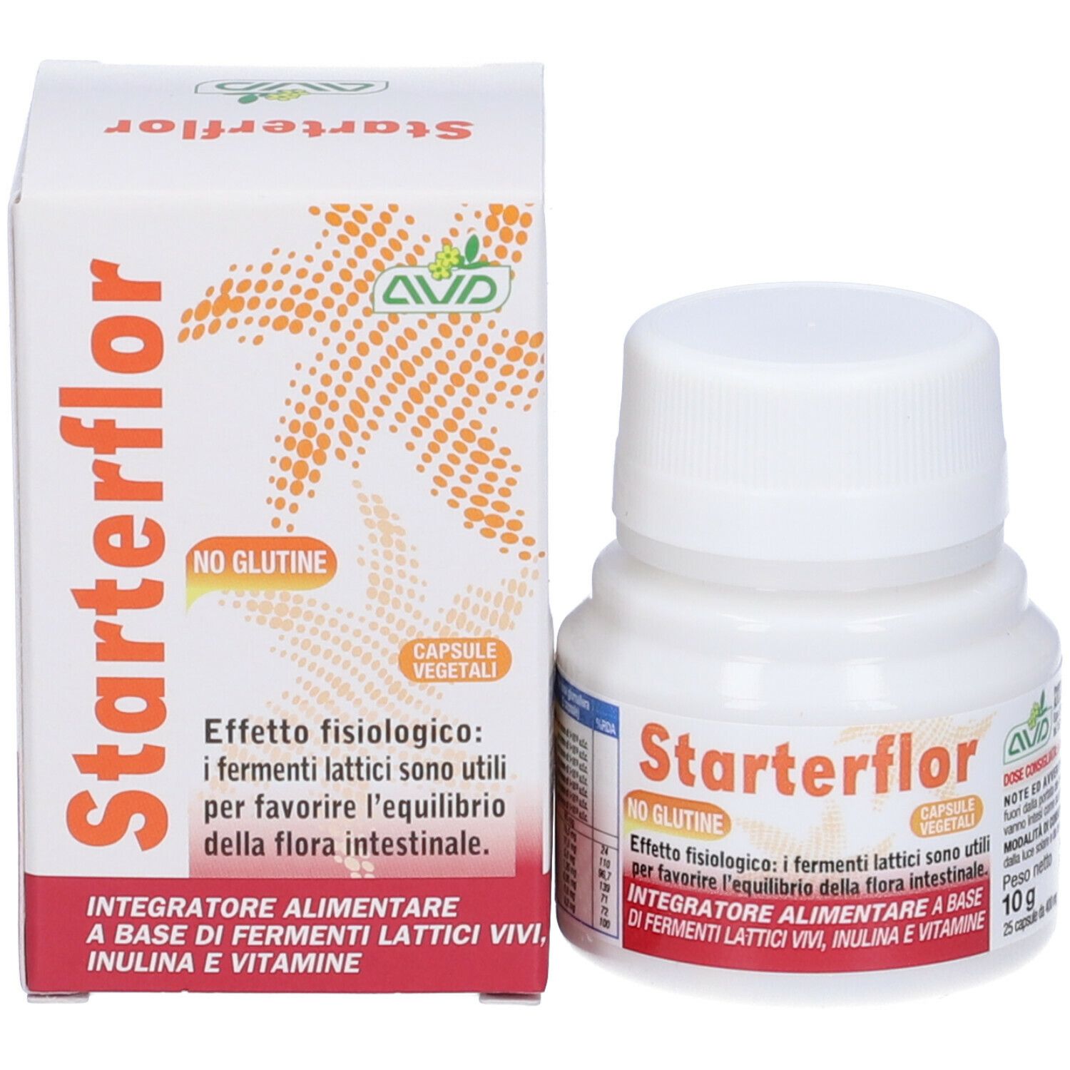 Produktverpackung und Flasche. Aufschrift Starterflor, Kapseln, glutenfrei. Enthält lebende Milchsäurebakterien, Inulin und Vitamine.