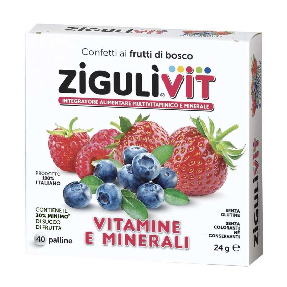 Schachtel mit Zigulivit Vitamine e Minerali, Waldbeergeschmack. Abbildung von Früchten. Enthält 40 Pillen. Ohne Gluten, Farbstoffe und Konservierungsstoffe.
