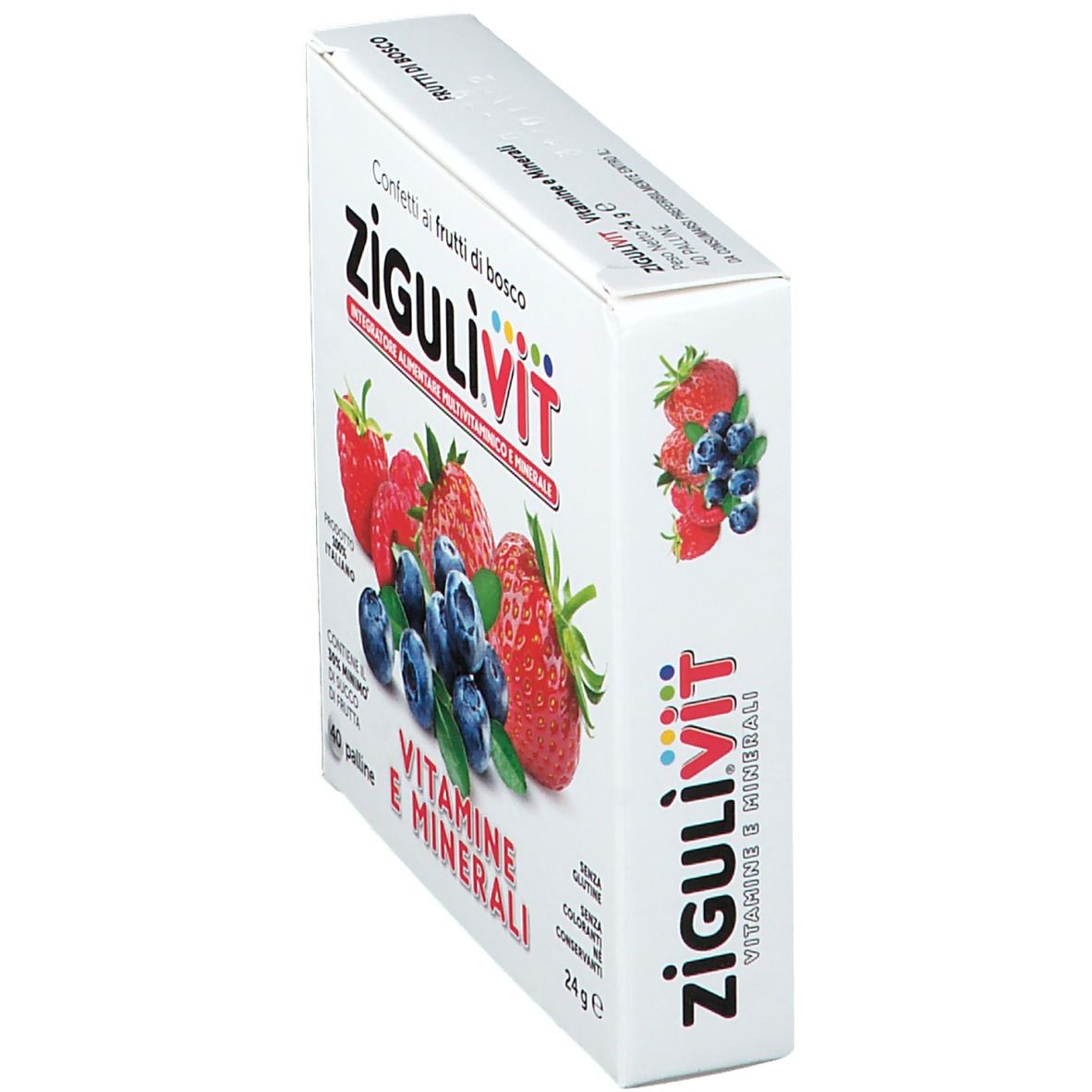 Schachtel mit Zigulivit Vitamine e Minerali, Waldbeergeschmack. Abbildung von Früchten. Enthält 40 Pillen. Ohne Gluten, Farbstoffe und Konservierungsstoffe.