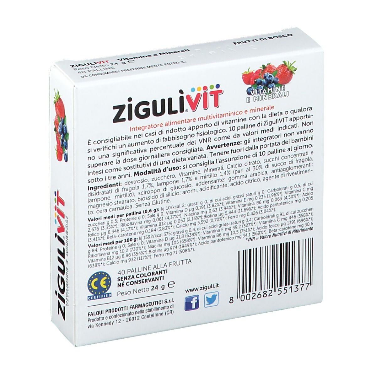 Schachtel mit Zigulivit Vitamine e Minerali, Waldbeergeschmack. Rückseite mit Text. Enthält 40 Pillen. Ohne Gluten, Farbstoffe und Konservierungsstoffe.