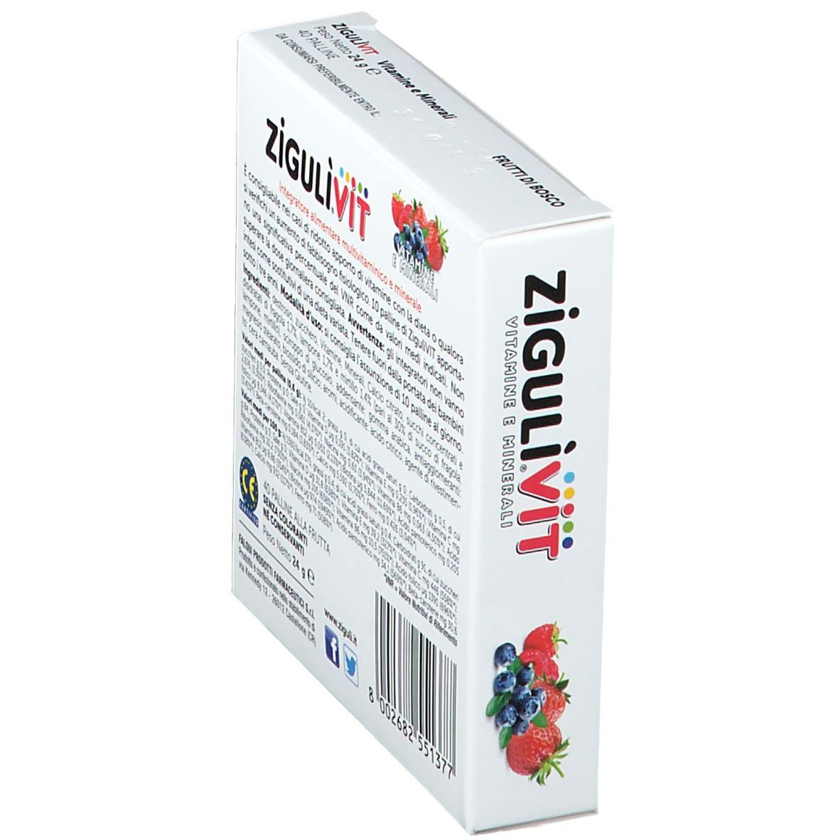 Schachtel mit Zigulivit Vitamine e Minerali, Waldbeergeschmack. Rückseite mit Text. Enthält 40 Pillen. Ohne Gluten, Farbstoffe und Konservierungsstoffe.