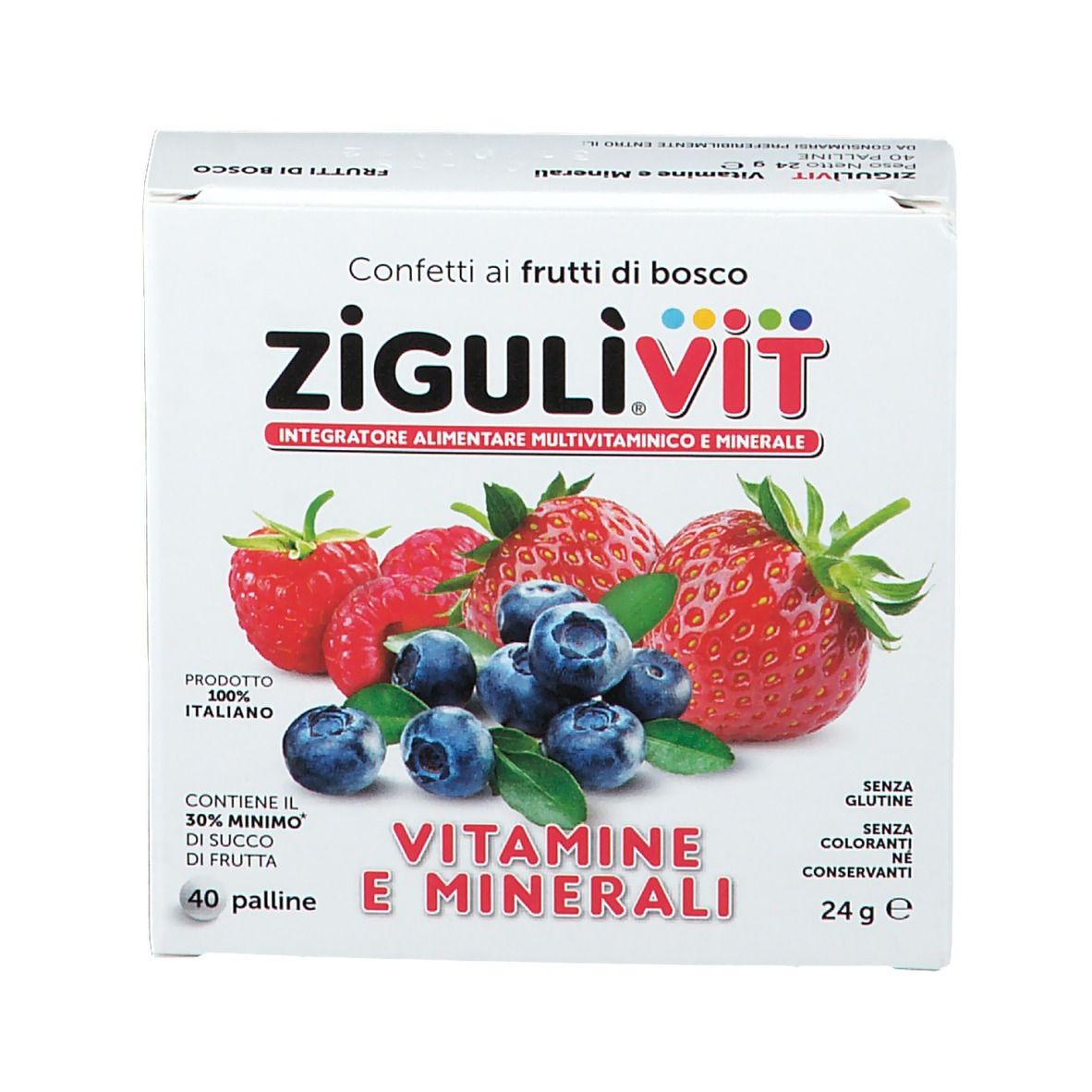 Schachtel mit Zigulivit Vitamine e Minerali, Waldbeergeschmack. Abbildung von Früchten. Enthält 40 Pillen. Ohne Gluten, Farbstoffe und Konservierungsstoffe.