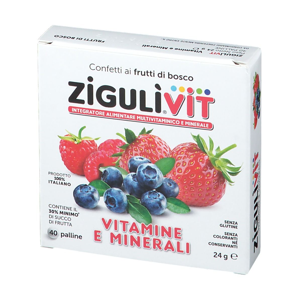 Schachtel mit Zigulivit Vitamine e Minerali, Waldbeergeschmack. Abbildung von Früchten. Enthält 40 Pillen. Ohne Gluten, Farbstoffe und Konservierungsstoffe.