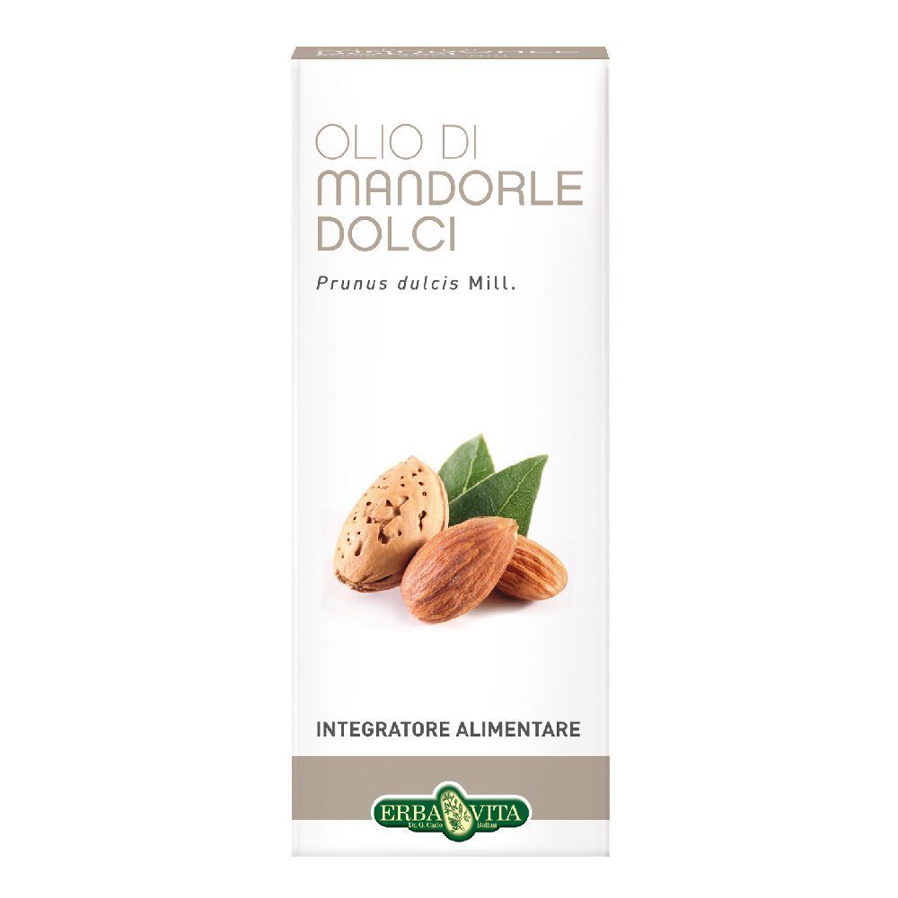 Emballage Olio di Mandorle Dolci. Nom du produit et amandes illustrées. Marque : Erba Vita.