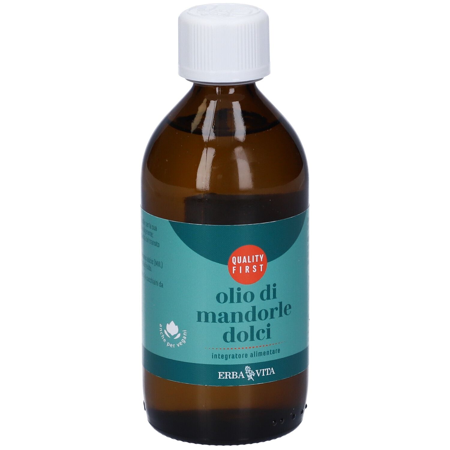 Flacon en verre brun avec bouchon blanc. Étiquette Olio di Mandorle Dolci. Marque : Erba Vita.