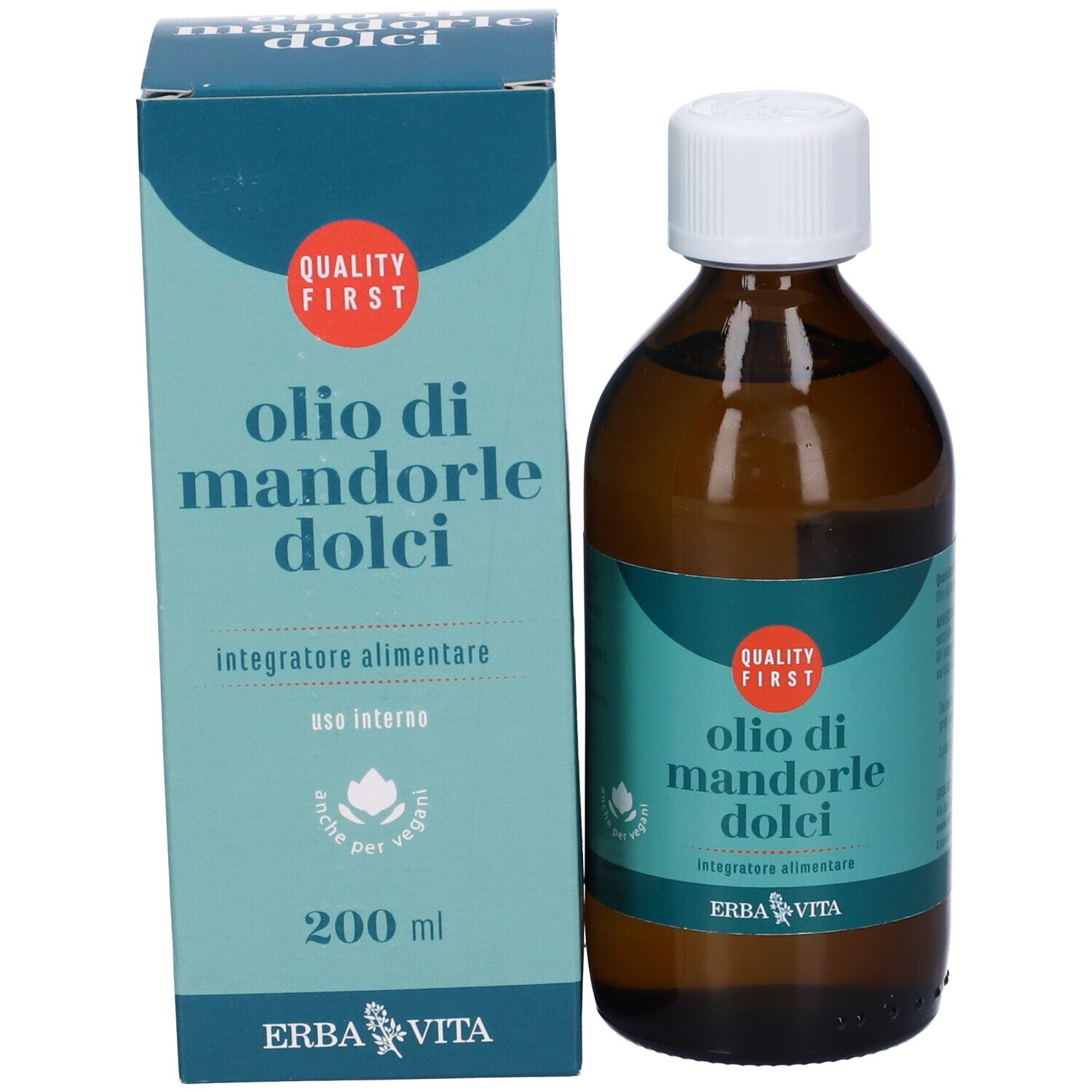 Flacon et emballage. Olio di Mandorle Dolci. Marque : Erba Vita. 200 ml. Convient aux régimes végétaliens.