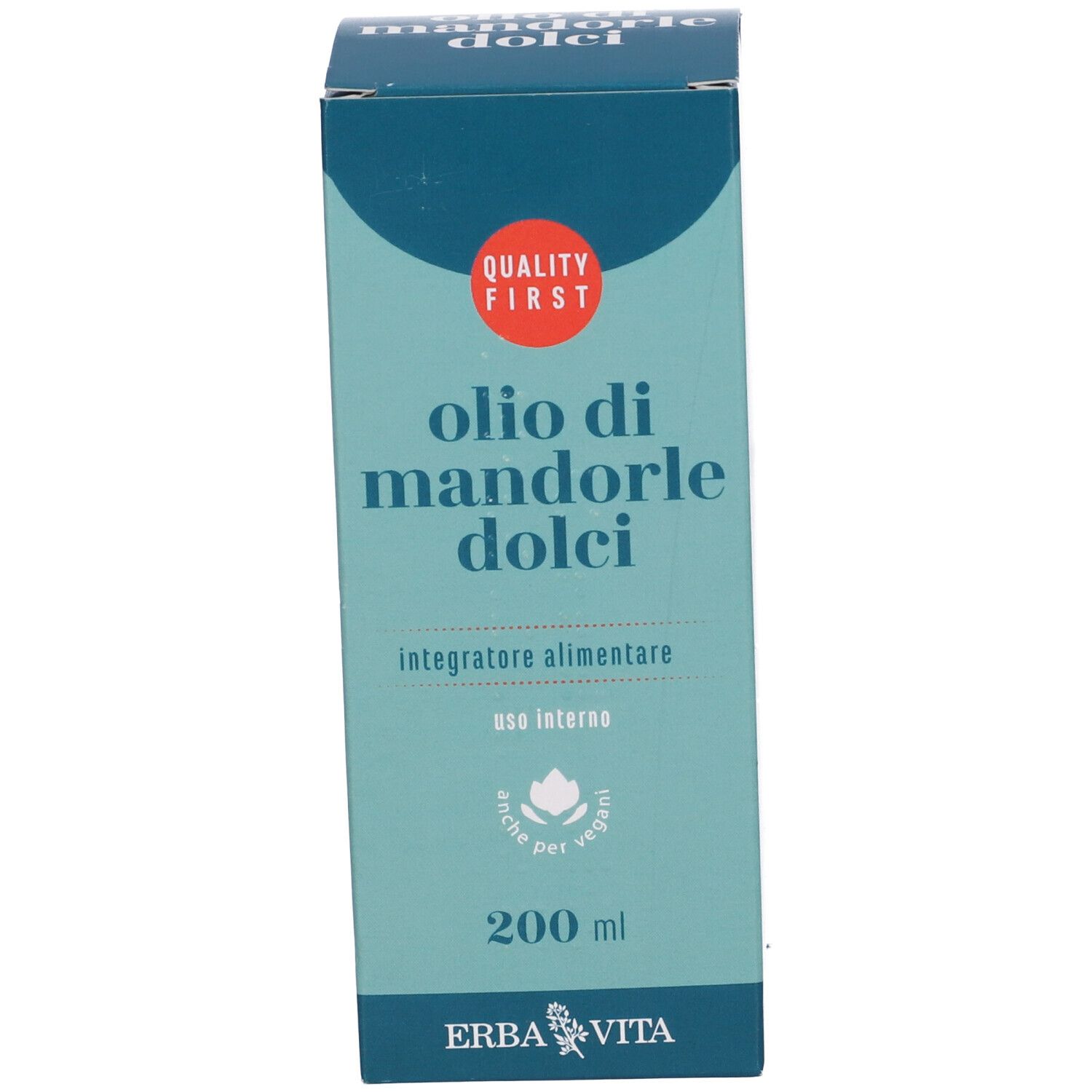 Emballage. Olio di Mandorle Dolci. Marque : Erba Vita. 200 ml. Convient aux régimes végétaliens.