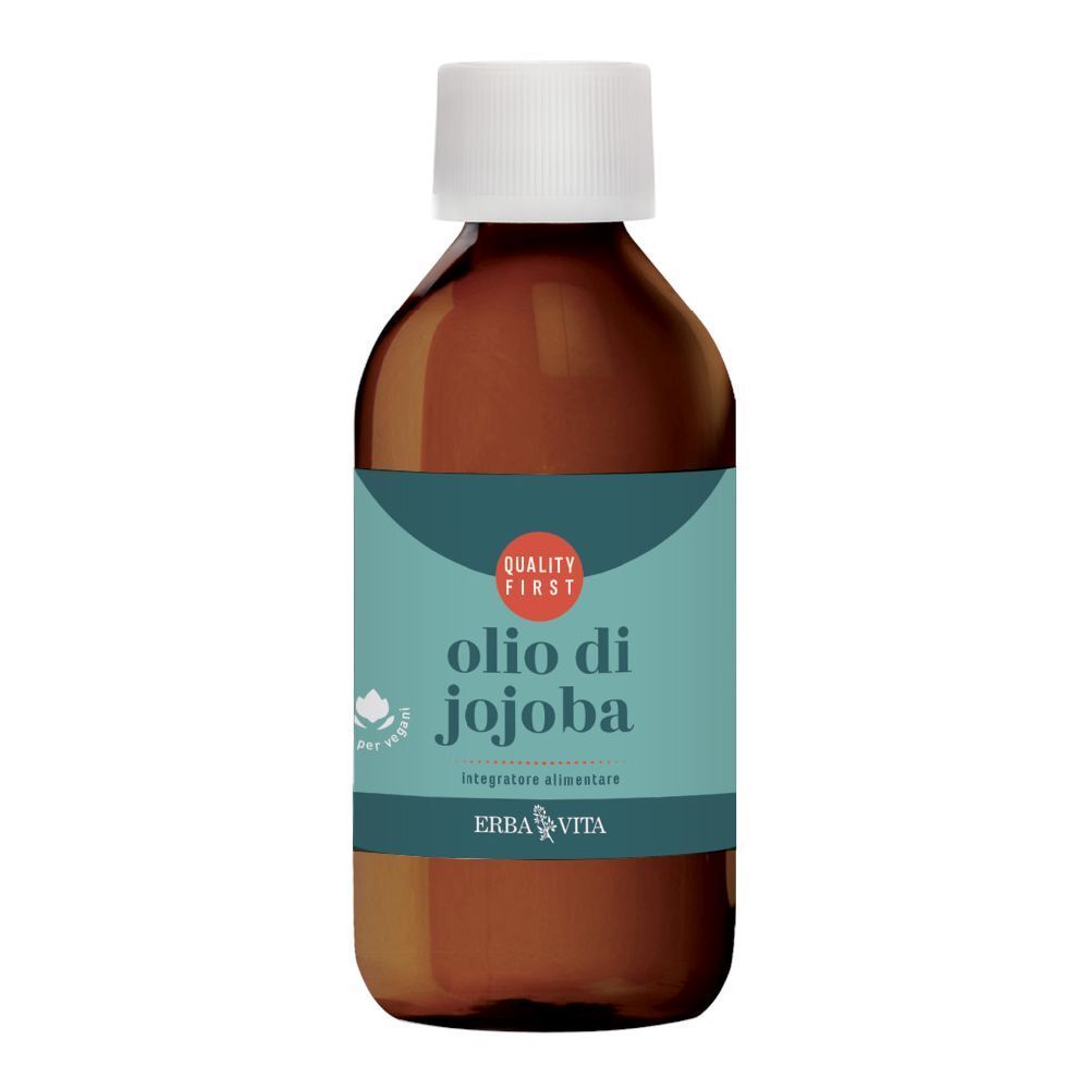 Braune Glasflasche mit weißem Verschluss. Aufschrift: Olio di Jojoba, Erba Vita. Türkisfarbenes Etikett.