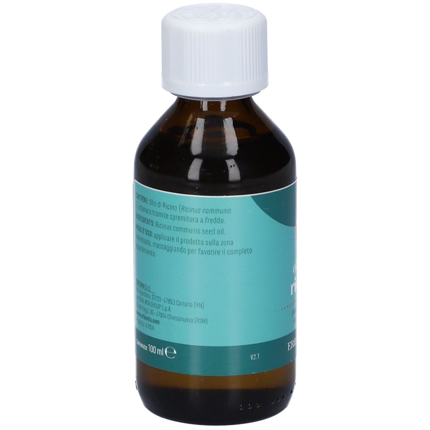 Dos d'un flacon en verre brun avec bouchon blanc. Étiquette turquoise avec texte. 100 ml.