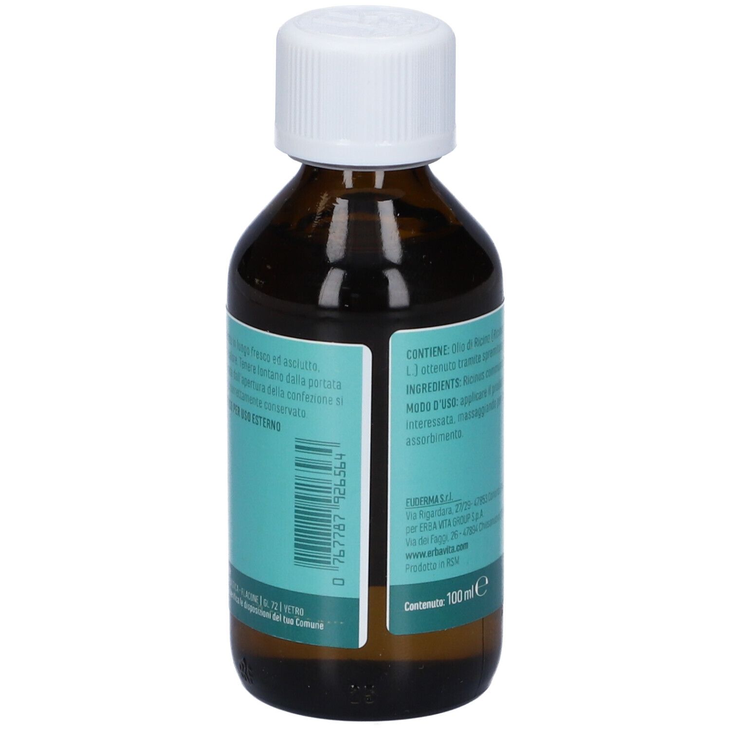 Dos d'un flacon en verre brun avec bouchon blanc. Étiquette turquoise avec texte. 100 ml.