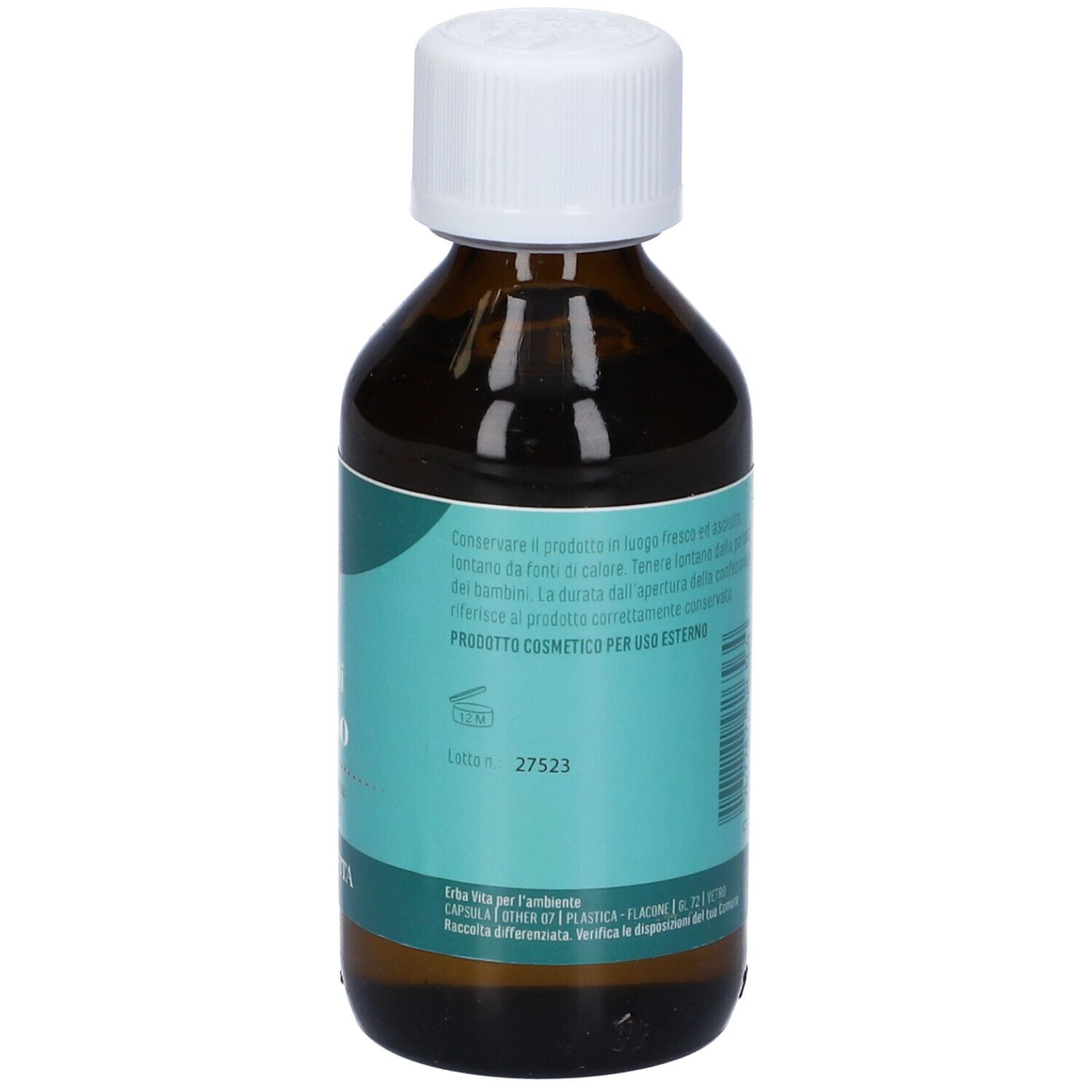 Dos d'un flacon en verre brun avec bouchon blanc. Étiquette turquoise avec texte. 100 ml.