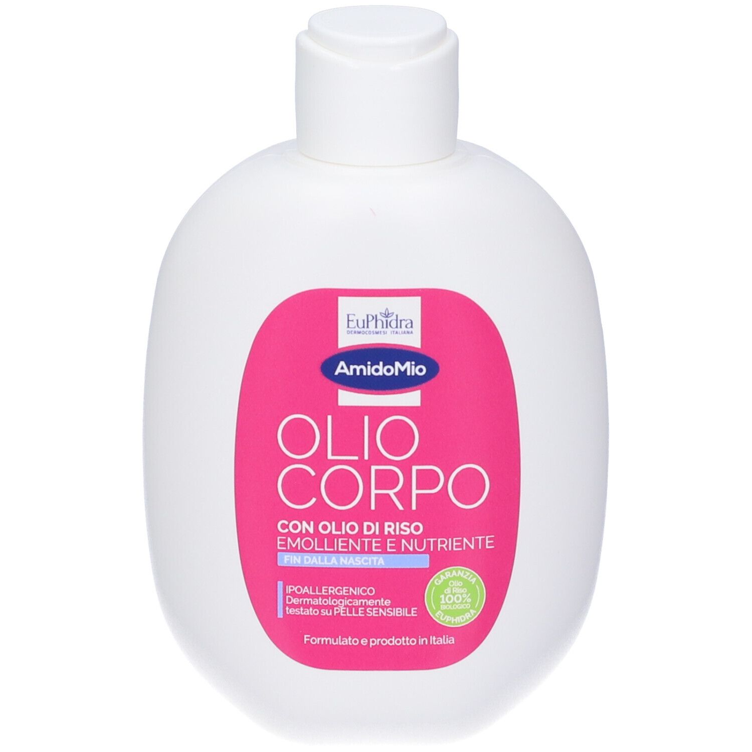 Weiße Flasche mit rosa Etikett. Enthält Euphidra AmidoMio Olio Corpo. Text: Olio Corpo, mit Reisöl. Hypoallergen.