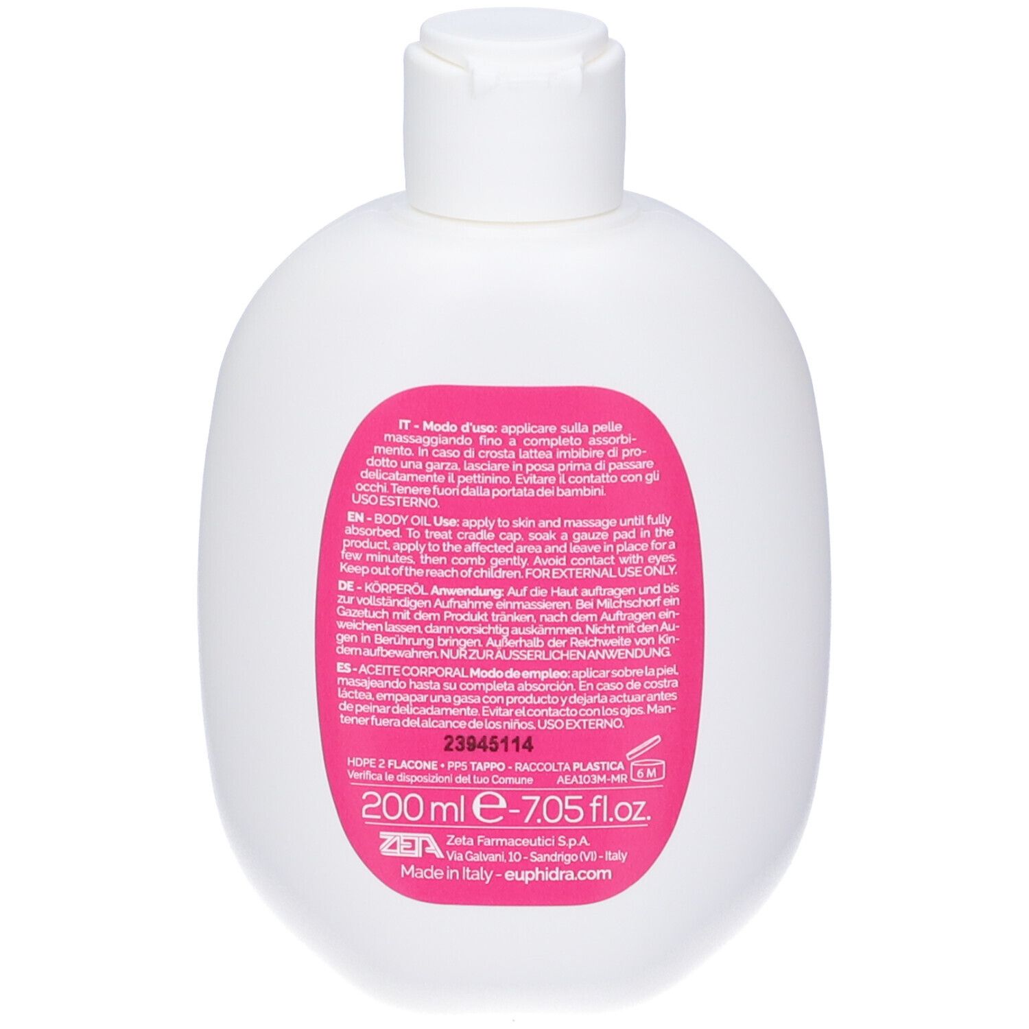 Weiße Flasche, Seitenansicht. Rosa Etikett sichtbar. Enthält Euphidra AmidoMio Olio Corpo. Deckel oben.