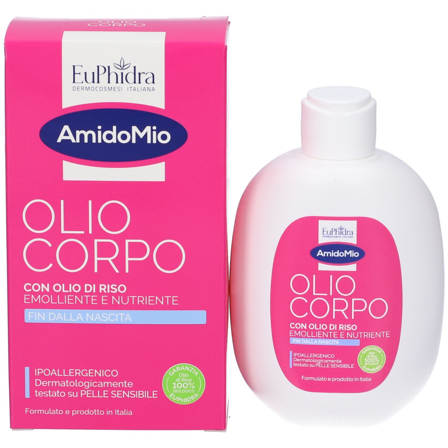 Rückseite der weißen Flasche. Rosa Etikett mit Text. Enthält Euphidra AmidoMio Olio Corpo. 200 ml.
