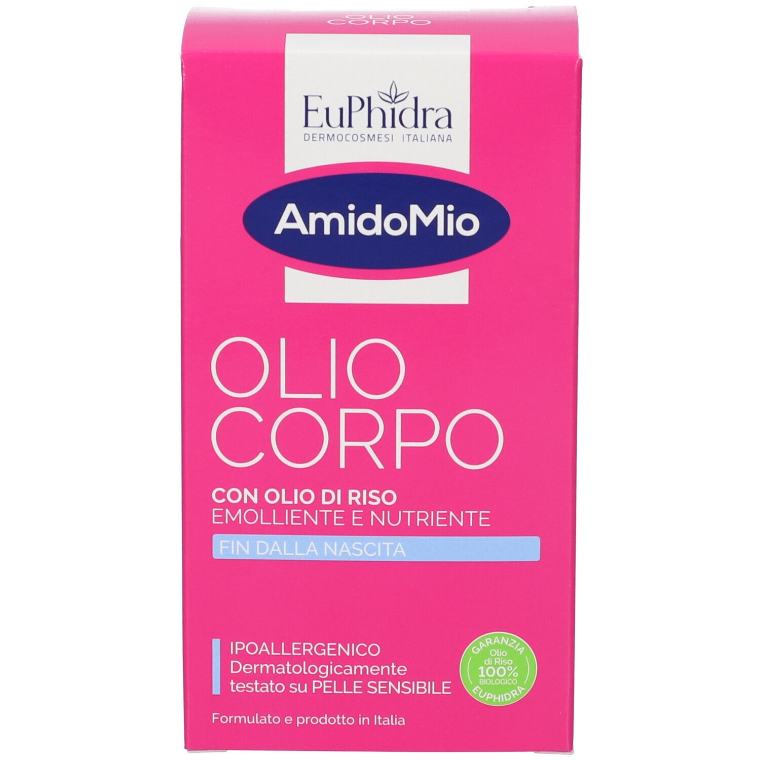 Weiße Flasche, Seitenansicht. Rosa Etikett sichtbar. Enthält Euphidra AmidoMio Olio Corpo. Deckel oben.