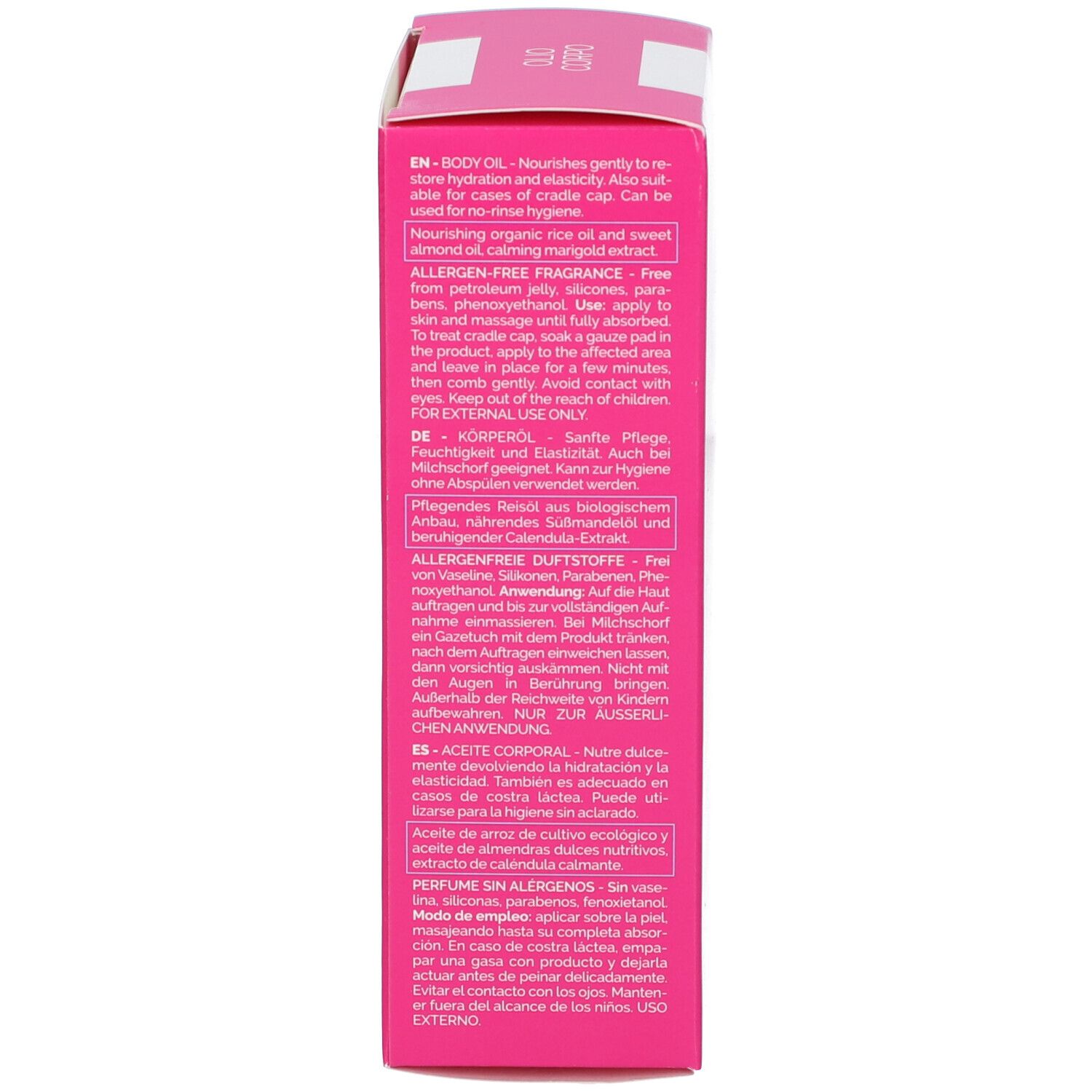 Rosa Schachtel mit Text. Enthält Euphidra AmidoMio Olio Corpo. Text: Body Oil, für empfindliche Haut. Gebrauchsanweisung.