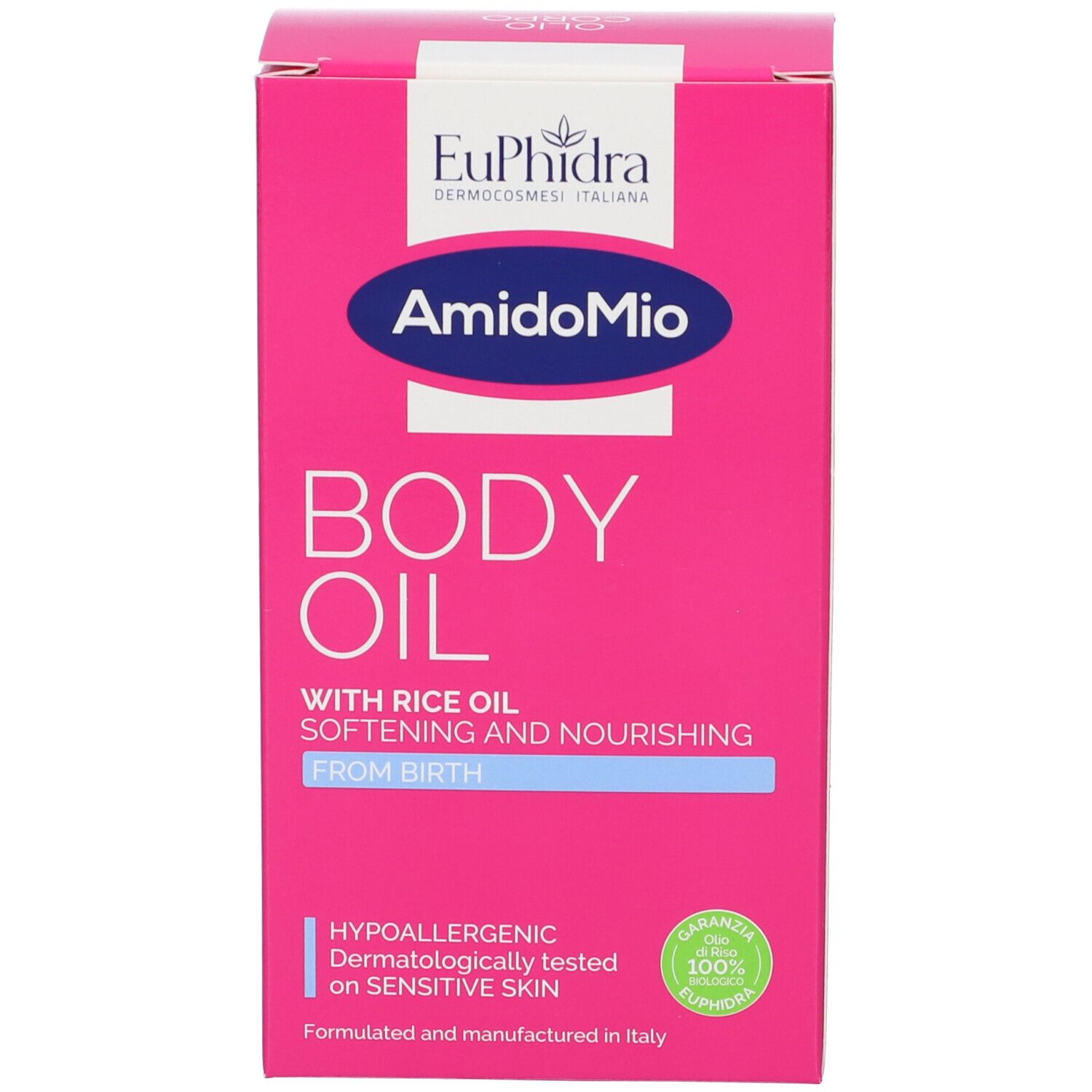 Rosa Schachtel mit Text. Enthält Euphidra AmidoMio Olio Corpo. Text: Body Oil, mit Reisöl. Hypoallergen.