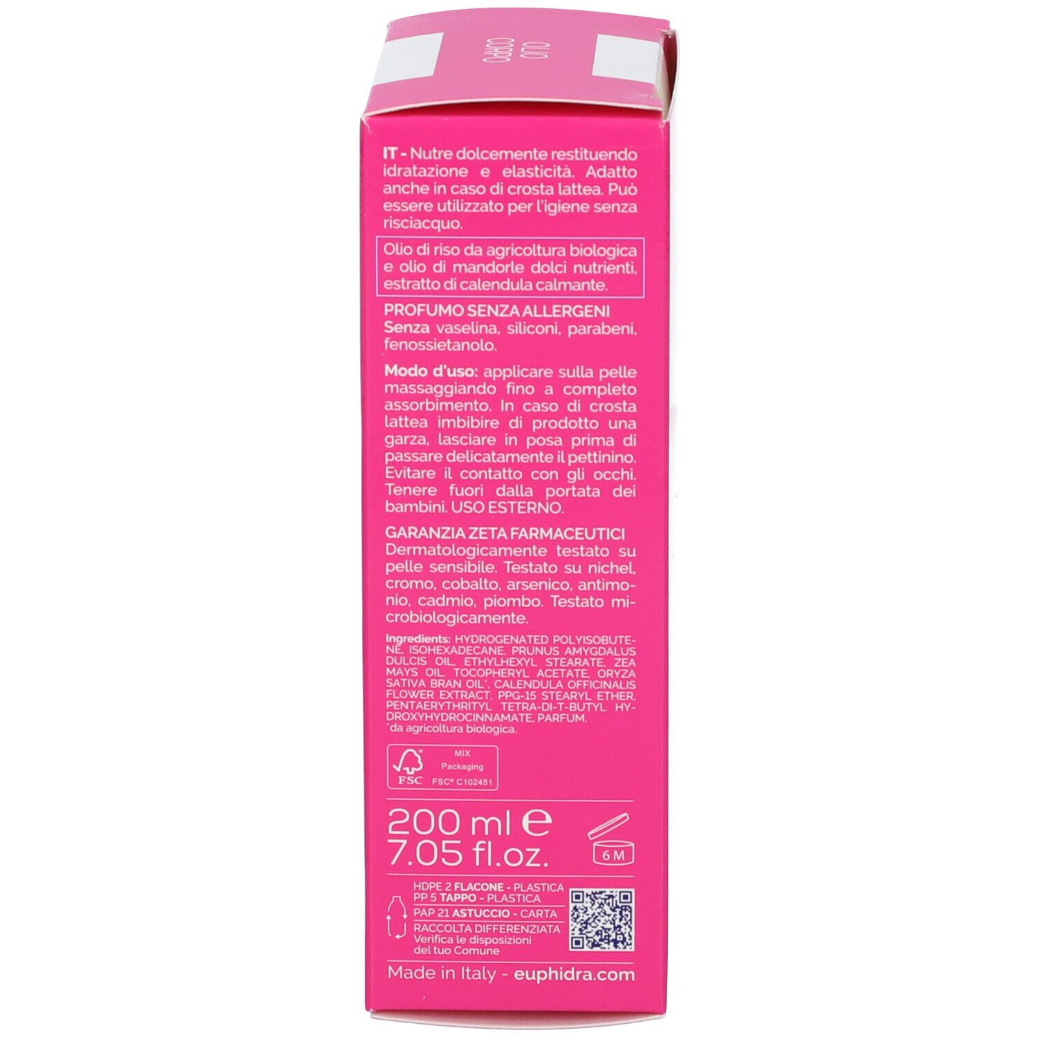 Euphidra AmidoMio Olio Corpo Flasche und Schachtel. Flasche: 200 ml. Schachtel: Rosa, Text.