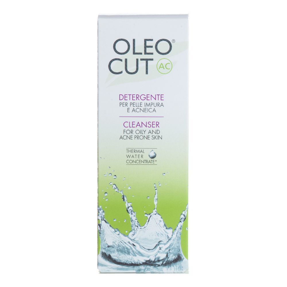 Weiße Verpackung mit Produktnamen und grünen Akzenten. Text: Detergente, Cleanser. Wasser-Grafik.