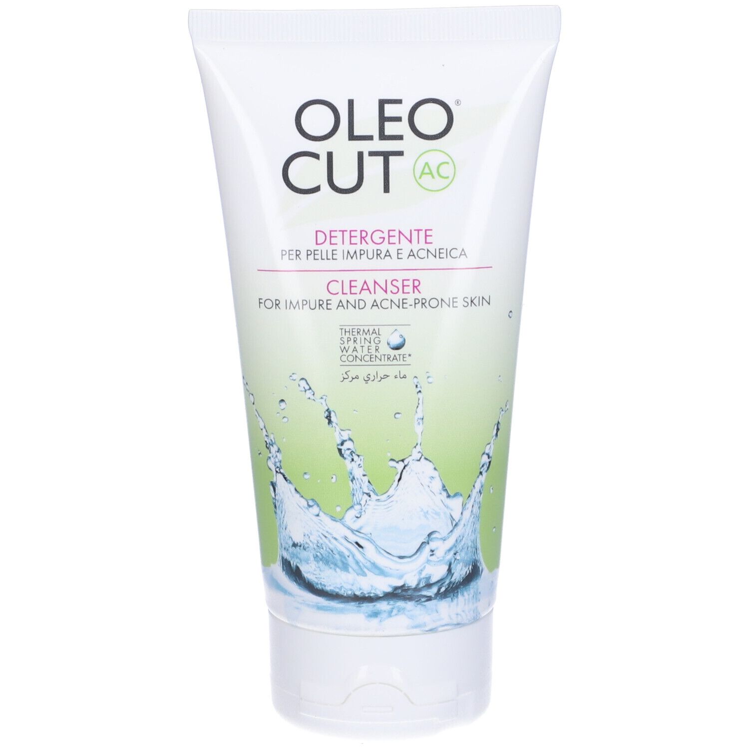 Weiß-grüne Tube mit Produktnamen und Text. Aufdruck: Detergente, Cleanser. Wasser-Grafik.