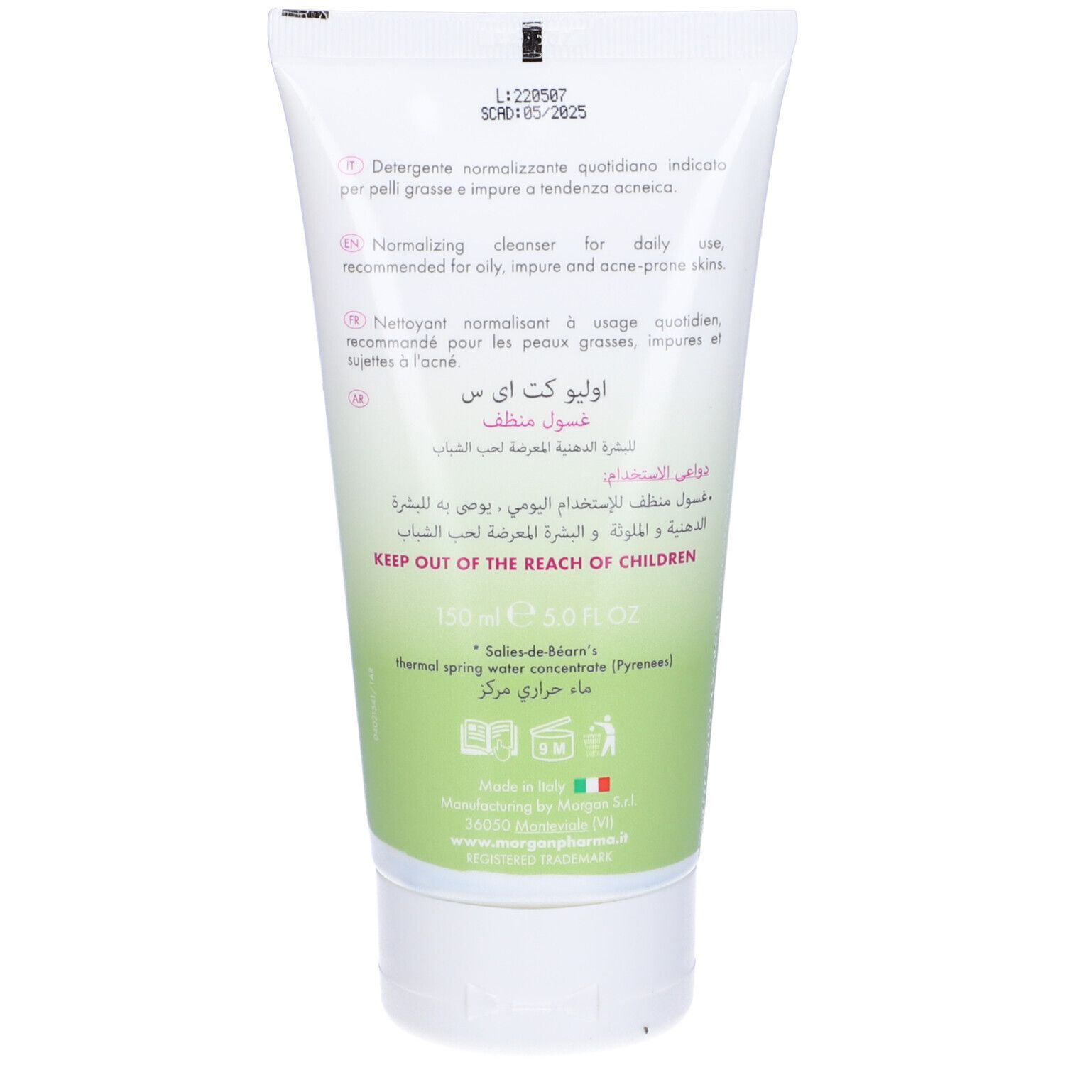 Rückseite der Tube mit Text in mehreren Sprachen. Enthält Informationen und Inhaltsstoffe.